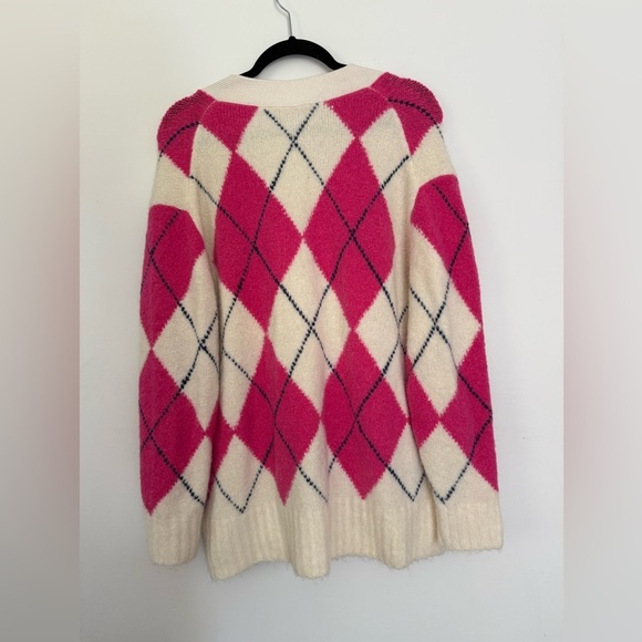 Everlane SuperFuzz Alpaca Cardigan Pink White Argyle Sweater Oversize Medium - Picture 2 of 8